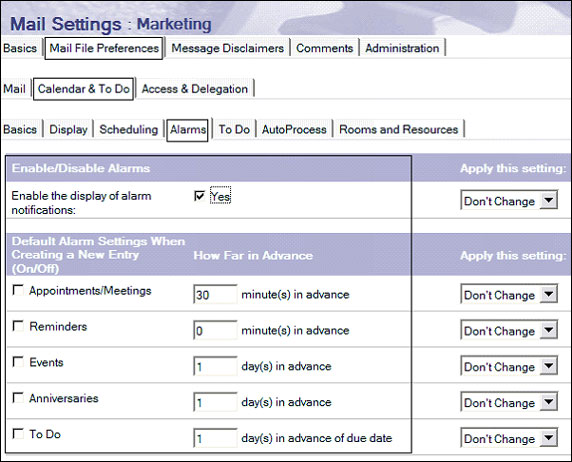 Mail File Preferences - Calendar & To Do - Alarms 子附签