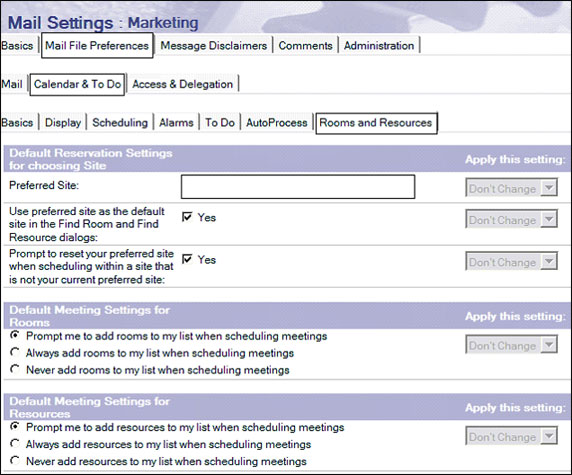 Mail File Preferences - Calendar & To Do - Rooms and Resources 子附签
